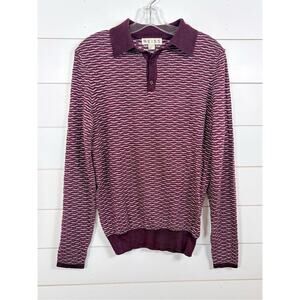 Reiss Men's Wave Print Knitted Wool Long Sleeve Polo Sweater Maroon White Small